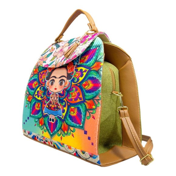 Artisan Made Frida Kahlo Canvas Faux Leather Tote Backpack From Coyoacan Mexico - Picture 11 of 14